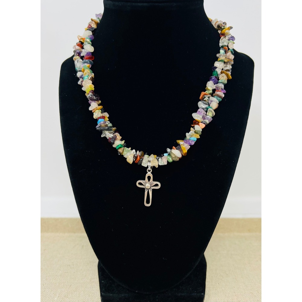 Sterling Silver 925 Multi Gemstone Chip Double Strand Cross Pendant Necklace